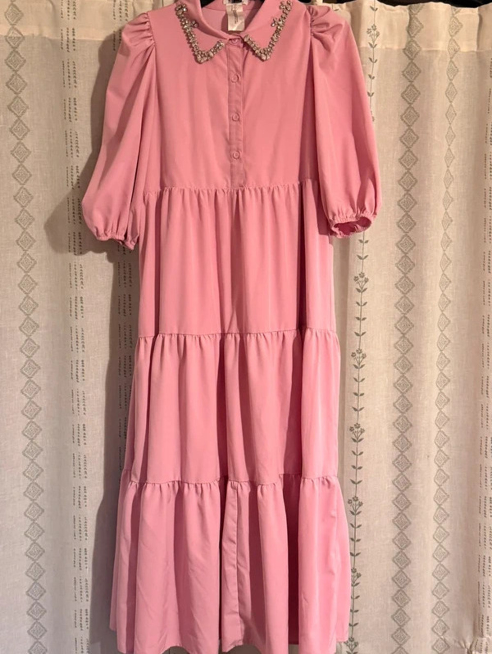 TCEC Pastel Pink Western Rhinestone Pointed Collar Boxy Midi Shirt Dress-S